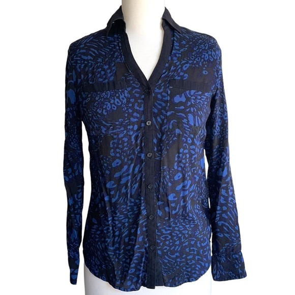 EXPRESS button down black and blue shirt top with roll up sleeves women’s XS/1P - Picture 1 of 10